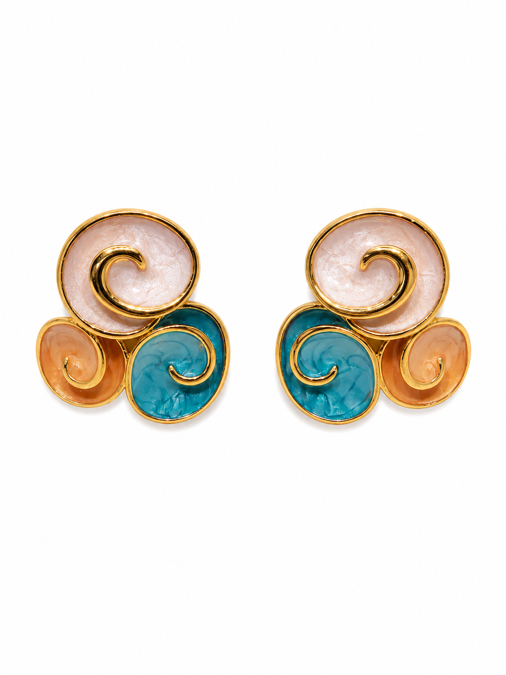 Üçlü spiral bulut  pembe-mavi-turuncu detaylı küpe