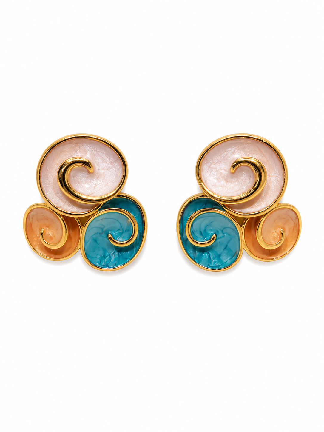 Üçlü spiral bulut  pembe-mavi-turuncu detaylı küpe