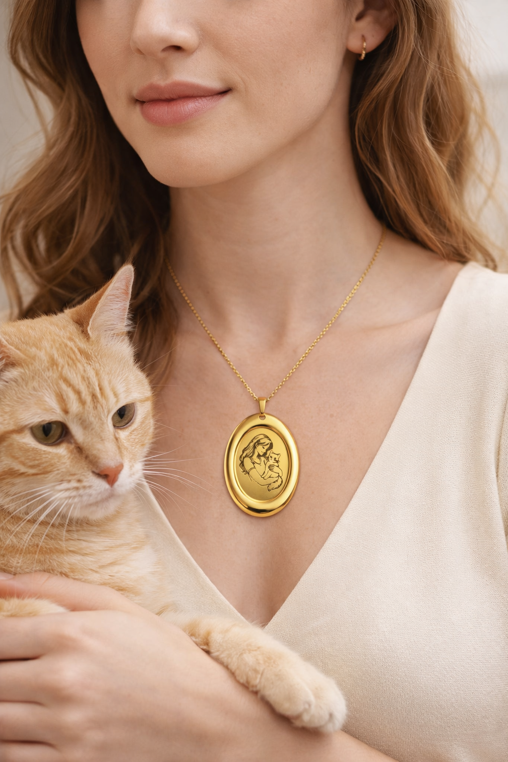 Kadın & Kedi Temalı Oval Pirinç Kolye