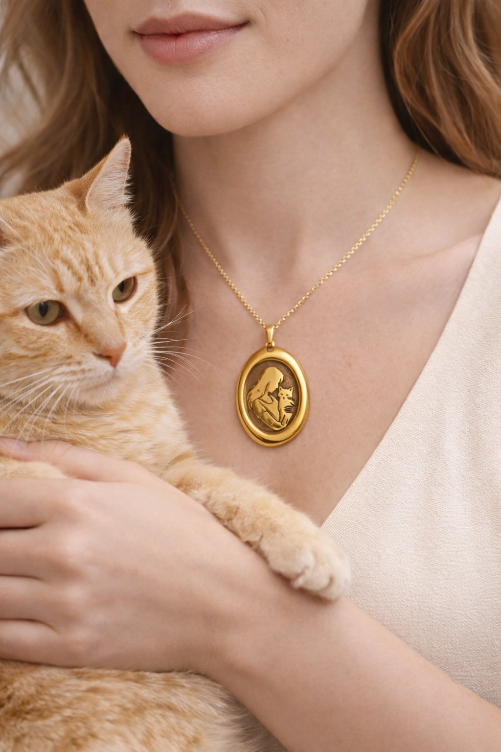 Kadın & Kedi Temalı Oval Pirinç Kolye